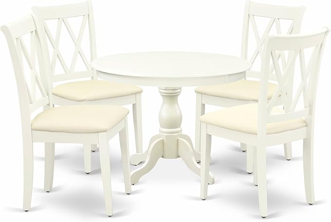 East West Furniture HBCL5-LWH-C 5 Piece Dining Table Set for 4 Includes a Round Kitchen Table with Pedestal and 4 Linen Fabric Dining Room Chairs, 42x42 Inch, Linen White