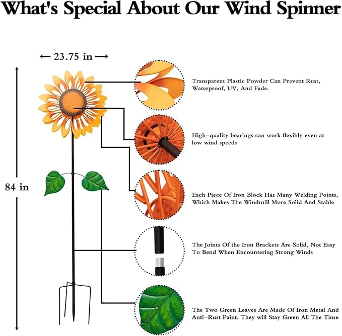Wind Spinners for Yard and Garden Large, Wind Spinner Outdoor Metal Large, 84 Inch Wind Sculptures Birthday Gifts for Women(Double Sided Sunflower)