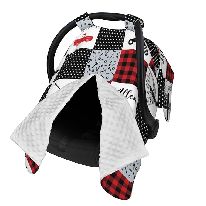 Personalized Trucks Baby Car Seat Canopy for Babies with Name, Custom Mechanic Car Seat Covers for Boys, Peekaboo Opening Minky Nursing Cover Infant Car Seat Canopies for Newborn