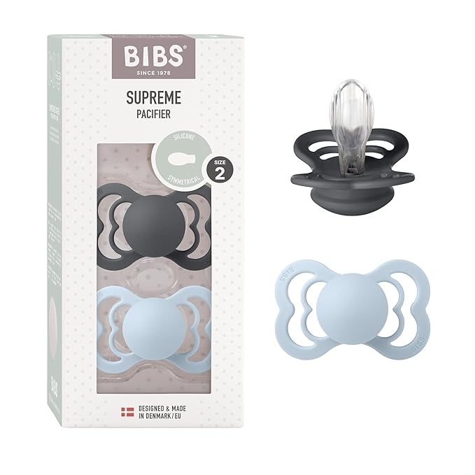 BIBS Pacifiers - Supreme Collection | BPA-Free Baby Pacifier | Made in Denmark | Set of 2 Iron/Baby Blue Color Premium Soothers | Size 6-18 Months