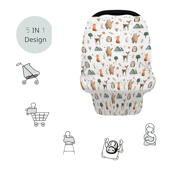 HawSkgFub Boho Animal 5-in-1 Car Seat Cover for Baby Boy Girl Gift, Bohemia Forest Bear Fox Deer Owl Privacy Breastfeeding Nursing Cover, Newborn Infant Multi-use Carseat Canopy Carrier
