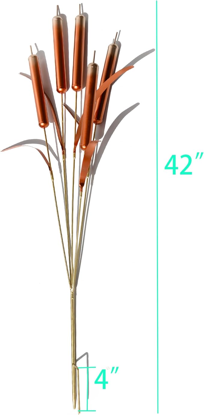 Cattail Stake Outdoor Decor – Pleated Copper Metal Yard Cattail Plant Art Poles for Garden Patio