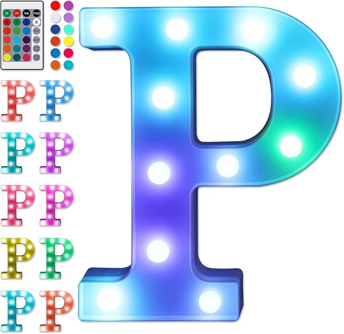 Foaky Colorful LED Letter Lights with Remote,Marquee Light Up Letters Sign for Night Light Wedding/Birthday Party Battery Powered Christmas Lamp Home Bar Decoration(P)