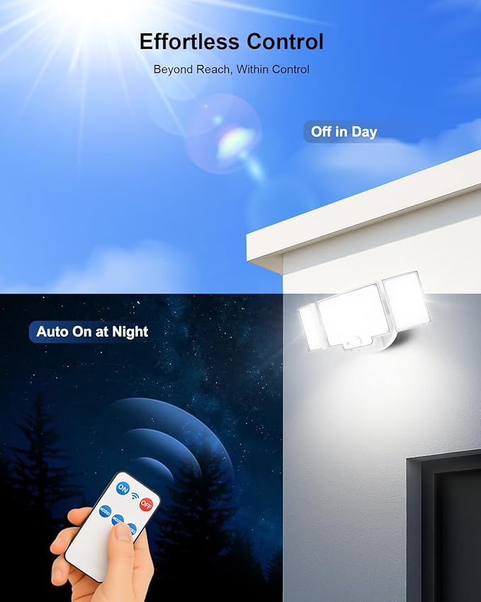 Motion Sensor Outdoor Light, 188 LED 4200LM Flood Lights Outdoor, 6500K Daylight, 3 Modes with Remote Control, IP65 Waterproof, Adjustable Heads, Hardwired 120V for Garage, Yard, Porch, 1 Pack White
