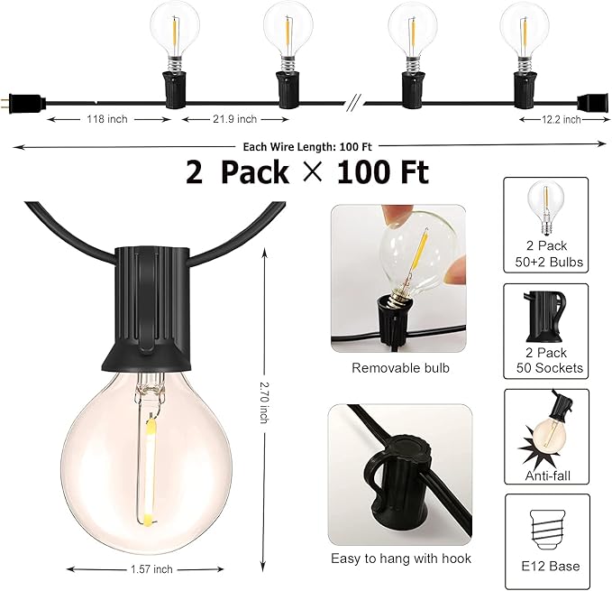 Outdoor String Lights 200FT Waterproof Globe String Lights with 104 Shatterproof G40 LED bulbs, Dimmable Connectable Patio Light String Lights for hanging Bistro Backyard Gazebo,2-Pack x 100ft