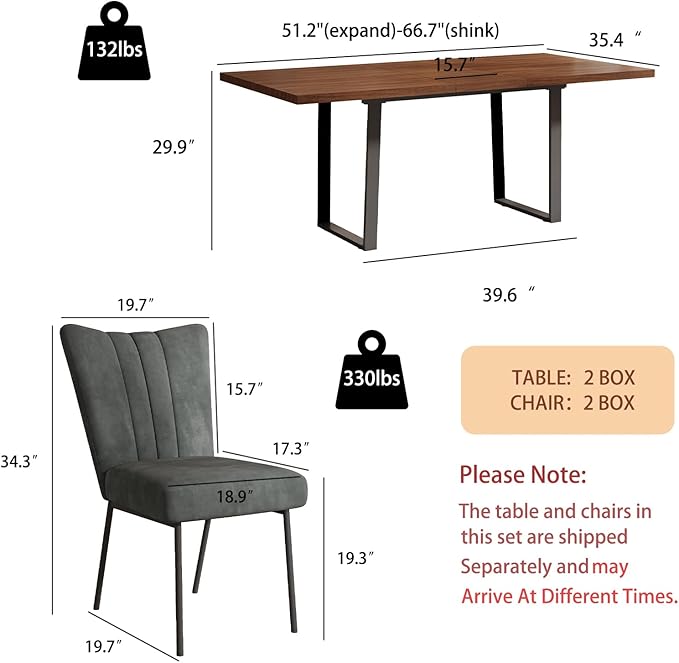 ZckyCine 51"-67" Expandable Dining Table, Modern Rectangular Walnut Wood Table with Metal Frame, Space-Saving Adjustable Table for Kitchen, Dining Room, Apartment or Restaurant