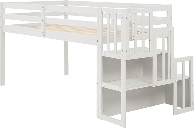 HomSof Loft Bed with Stairs and Storage,White