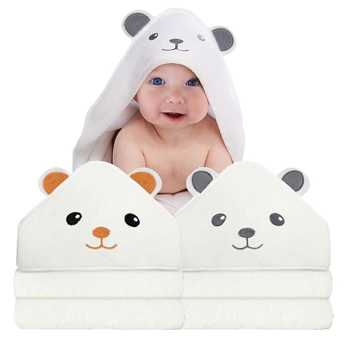 2 Pack Hooded Baby Towels - Premium Ultra Soft Organic Baby Bath Towel – Absorbent and Hypoallergenic Towels for Baby Boy Girl, Toddler, Newborn Essentials (Grey & Orange : Bear)