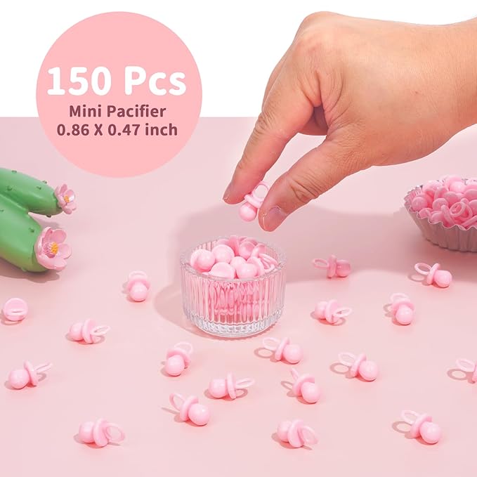 Baby Shower Pacifiers, 150 Mini Pacifiers for Baby Shower, Cute Plastic Pacifiers for Baby Shower Game, Decoration DIY, Gender Reveal Party Table Scatter/Baby Shower Party Favors (Pink)