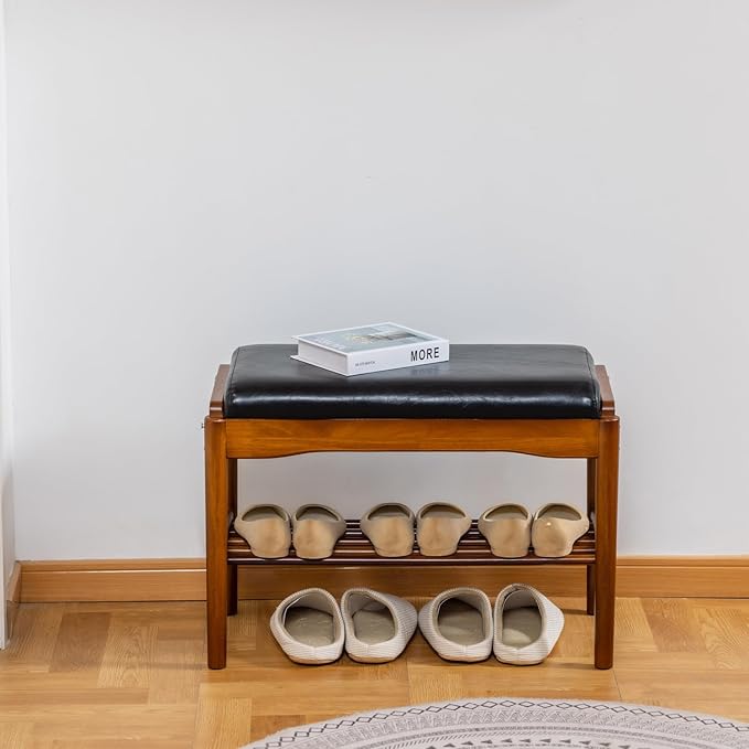 Shoe Bench, Entryway Bench, Wood 2-Tier Shoe Rack with Cushion Padded Seat Shoe Organizer (23.62",Black)