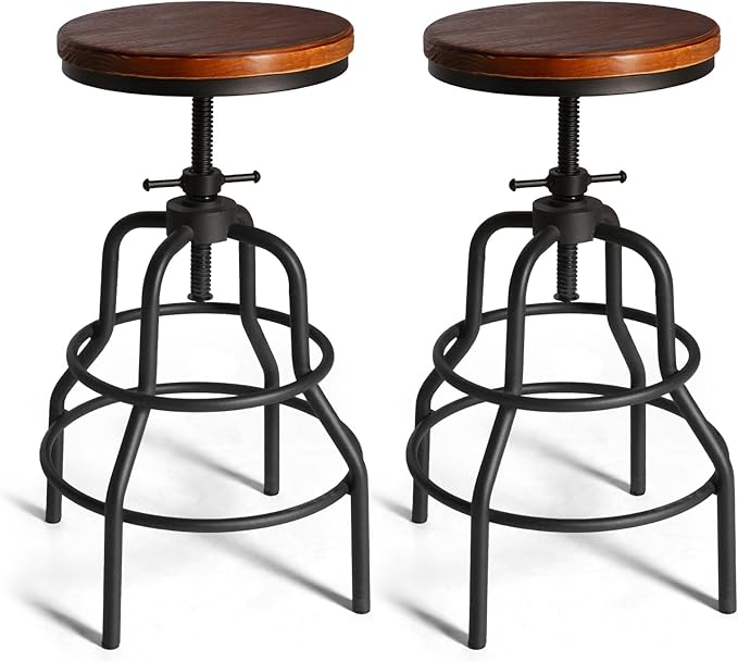 LOKKHAN Vintage Industrial Barstools - 13.8" Dia Round Wooden Brown Seat - Black Metal Base - Adjustable Height: 23.6"-29.5" / Minimalist Design/Raw Rustic Look/Rotating Top Bar Chairs, Set of 2