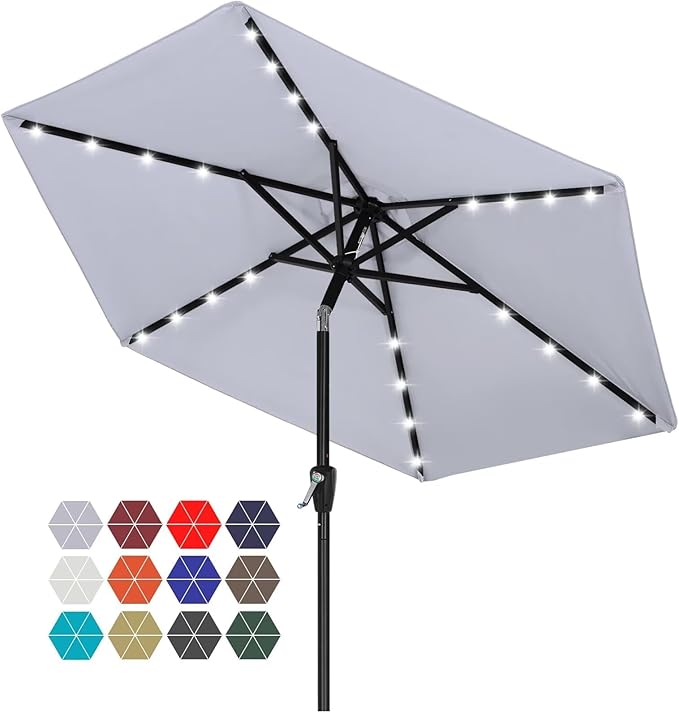ABCCANOPY Durable Solar Led Patio Umbrellas with 24LED Lights 7.5FT with 6 Sturdy Ribs (Fog Gray)