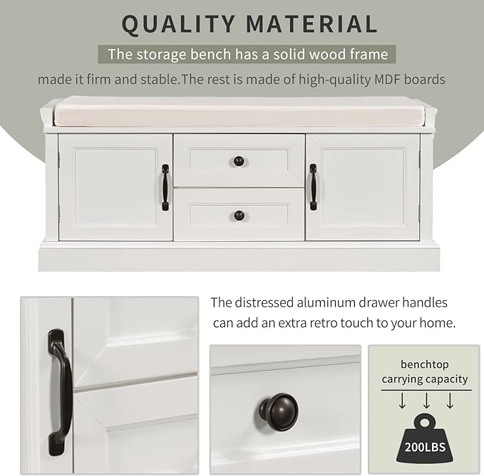 Entryway Storage Bench with Drawers & Cabinets — Cushioned Shoe Storage Bench for Hallway, Mudroom, or Living Room, Solid Wood Frame (White)