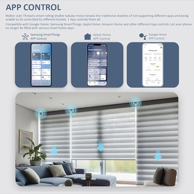 Matter Over WiFi Smart Roller Shade Motor, Φ45mm AC 120V Electric Blind Motor, Works with HomeKit, Alexa, Google Home, SmartThings (50N.m Torque for Φ50mm（2") Groove Tube