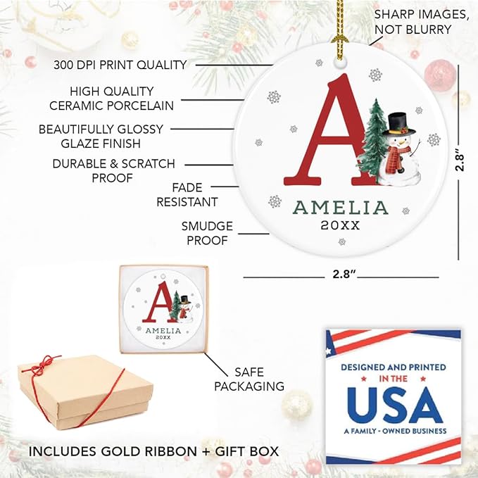 Andaz Press Personalized Christmas Ornament, Custom Name Initial A Monogram Snowman 2.8" Ceramic Porcelain 2025 Christmas Ornament For Kids Boys Girls 1-Pack Initial Ornaments Name Ornaments Christmas