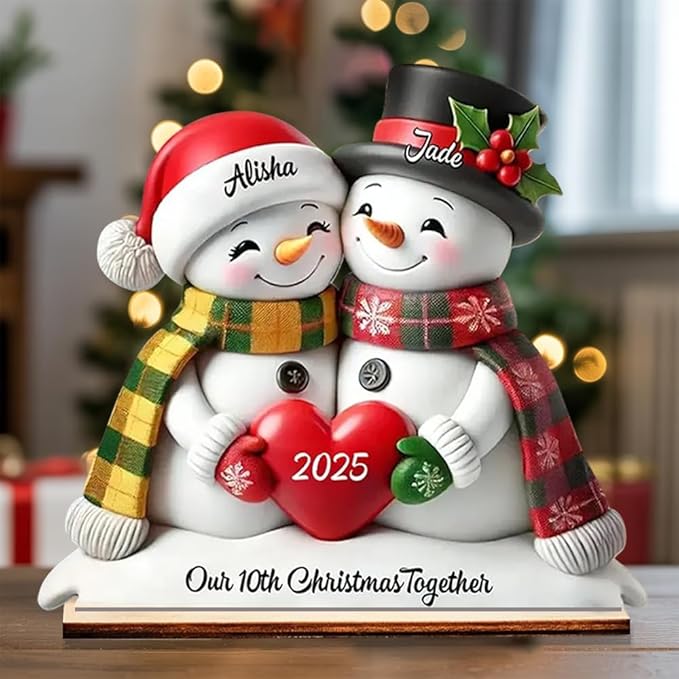 Personalized Snowman Couple Wooden Plaque,Our 10th Christmas Together, Holiday Home Decor for Wife Husband, Keepsake for Anniversary or First Christmas Together
