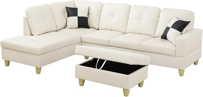 L Shaped Couch Faux Leather Sectional Couch Upholstered 3 Pieces Sofas for Living Room with Chaise, Storage Ottoman for Office and Small Apartment, White