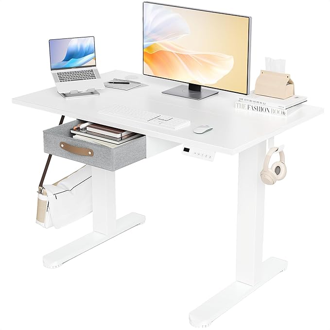 Seang Standing Desk with Drawer, 40" x 24" Height Adjustable Stand Up Desk, 3 Memory Height Settings with Cable Grommets & Storage Hooks, Ideal for Home & Office, White