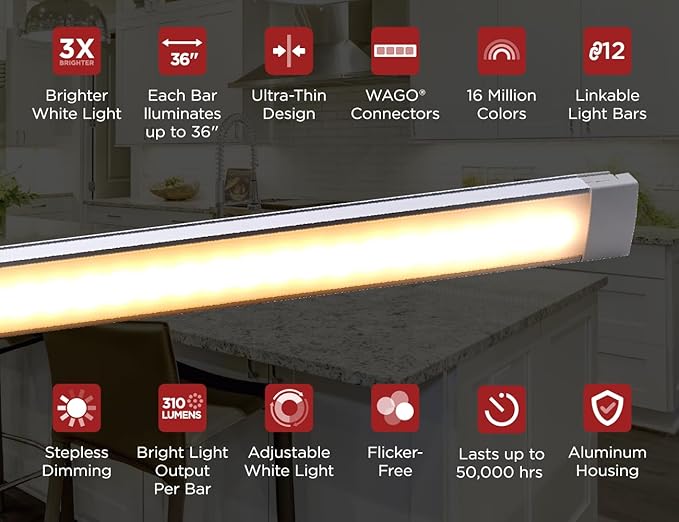 Black+Decker PureOptics Professional Push Wire Under Cabinet Light Bar, Add-on, Plug-in or Hardwire Compatible, Adjustable White and RGB LED, for Kitchen, Pantry, Cabinets, (1) 12" Bar