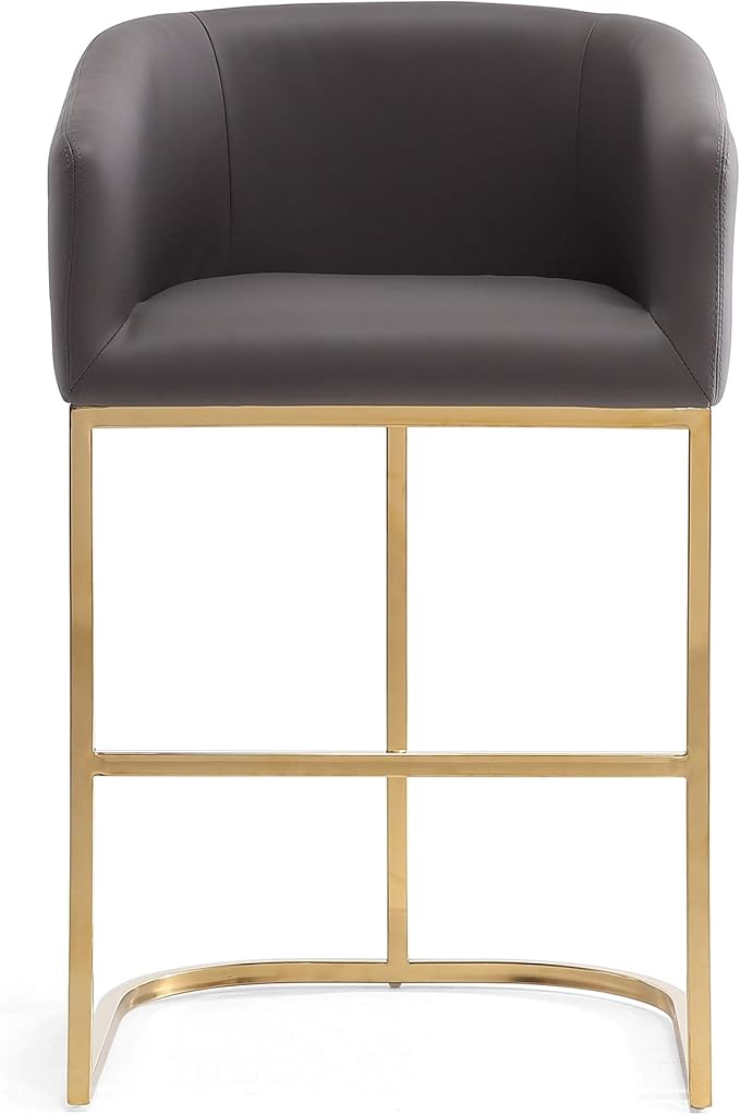 Manhattan Comfort Louvre 26 Inch Mid Century Modern Counter Height Bar Stools - Elegant Faux Leather Padded Seat, Stainless Steel Base with Footrest, Fully Assembled Barstools, Set of 1, Grey