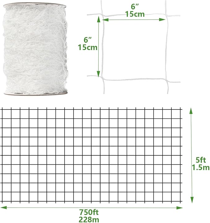 Nylon Trellis Netting Roll 5 x 750 ft, 6 Inch Soft Mesh, Heavy Duty Reinforced Garden Plant Support Mesh for Vertical Growing, Climbing Plants