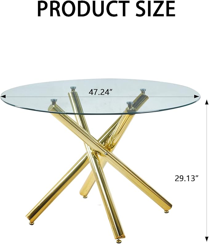 47.24" Round Dining Table for 6 8, Modern Clear Glass Kitchen Table for 6 with Gold X Metal Legs, Contemporary Circle Dining Room Leisure Dinner Tables for Kitchen Apartment