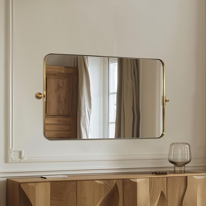 MOON MIRROR 36" x 24" Brushed Gold Rectangle Bathroom Mirror, Tilting Rounded Rectangular Metal Framed Pivot Wall Mirror, Hangs Horizontally Only(Overall 39.75" x 22")