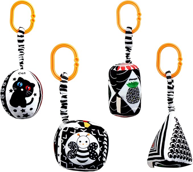 KAKIBLIN Baby Hanging Rattle Toys, 4 Pack Black and White Car Seat Baby Toys Soft Squeaky Stroller Toy for Babies Montessori Sensory Toy 0-12 Months for Newborn Infant, White and Black