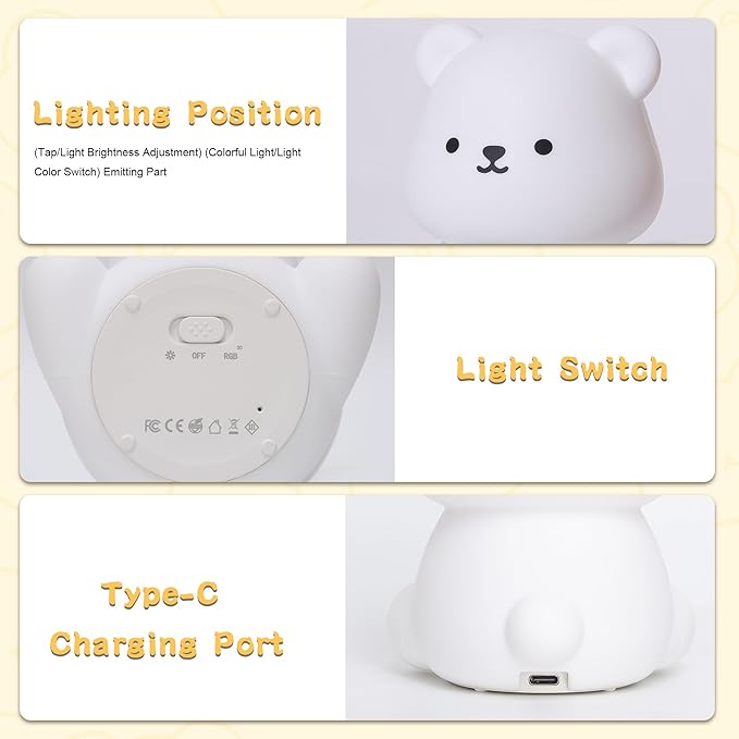 YuanDian Cute Bear Night Light for Kids, Decorate Kids' Bedroom with Silicone Bear Nightlights with 8 Color Lights, Christmas Birthday Gift for Children Toddlers Teens Adults Babies