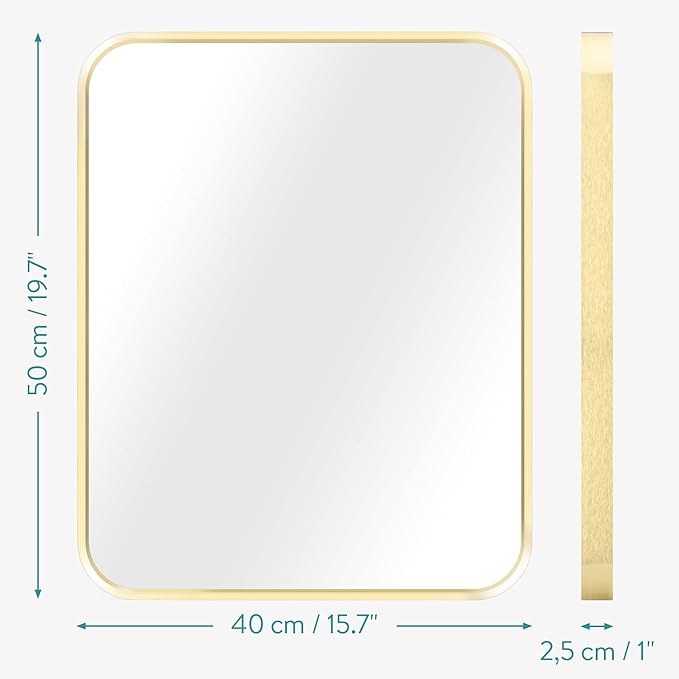 Navaris Rectangular Wall Mirror - 40 x 50 cm (16 x 20 in) Wall-Mounted Mirror with Gold Metal Frame - for Living Room Bedroom Bathroom - Horizontal or Vertical