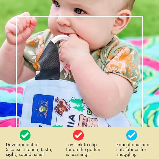 Baby Jack & Co 8x8” Learning Lovey Alabama State Tag Stroller Toy for Babies - Crinkle Toys for Developing Five Senses - Learn About Capitals - Travel with Baby Jack - BPA Free Clip