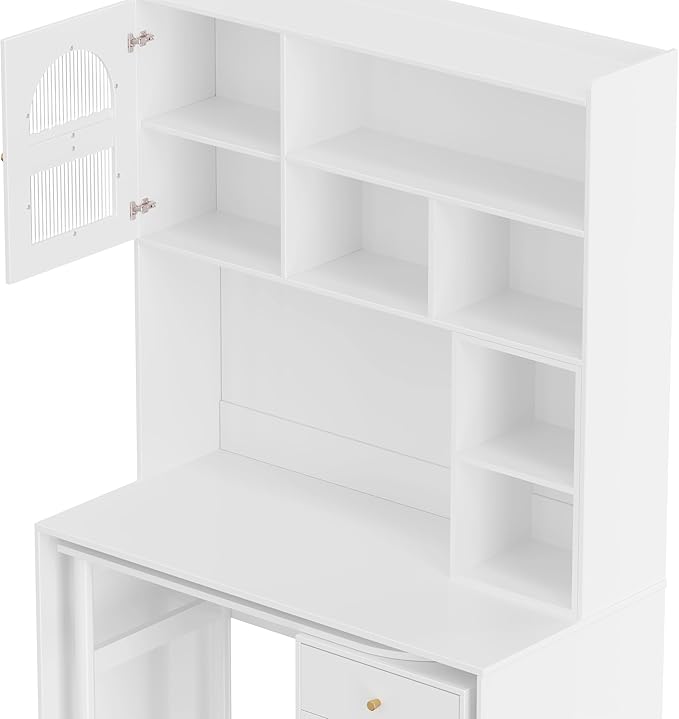 Merax Computer Desk with 90 Degree Rotating Desktop, L Shaped Office Desk with Storage Drawer and Cabinets, Writing Desk with Shelves for Study, Work Desk for Office Bedroom Living Room, White