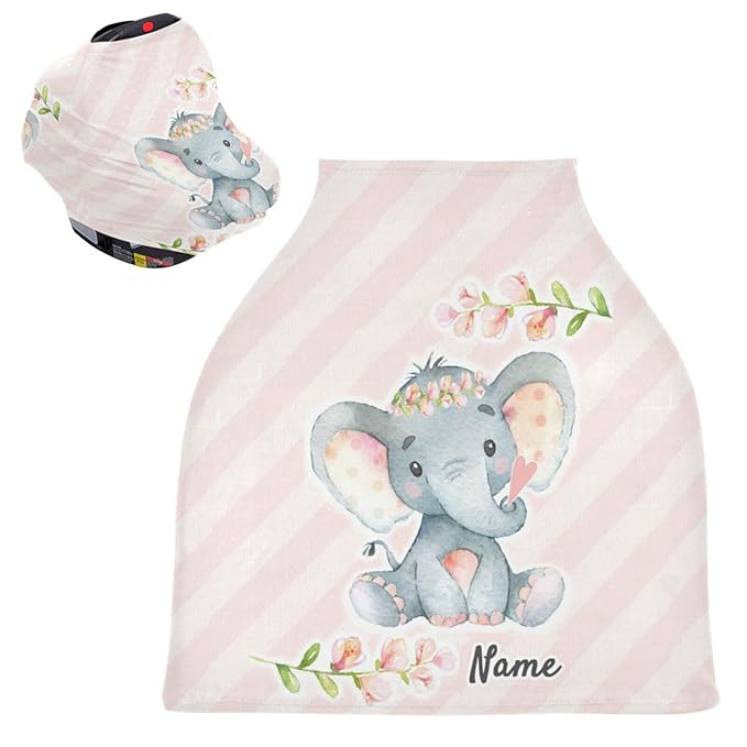 Personalized Cute Elephant Infant Baby Car Seat Cover with Name, Nursing Breastfeeding Scarf, Shopping Cart Seat Covers, Stroller Canopy, Gift for Infants Newborn Girl Boy