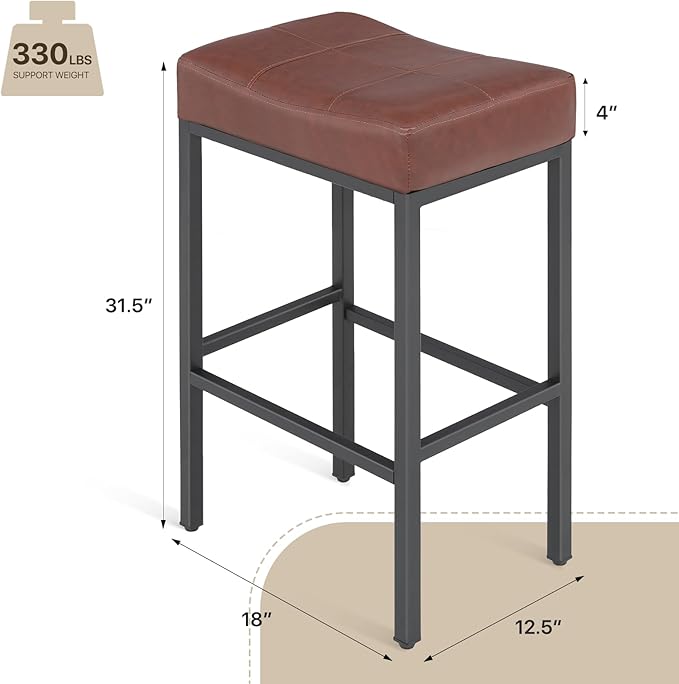 Athena Collection Counter Height Bar Stools Set of 2, 31.5 Inches Saddle Bar Stools with Leather Upholstered and Metal Legs, Backless Barstools for Counter, Kitchen Island, Dining Room, Mocha