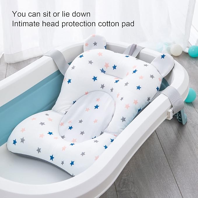 Baby Bath Seat Cushion Floating Safe Foldable Adjustable Infant Bath Supporter for Newborn Blue Bear, Supports Baby Body, Safety to Use, Easy to Clean, Odorless Material, Optimal (White Stars)