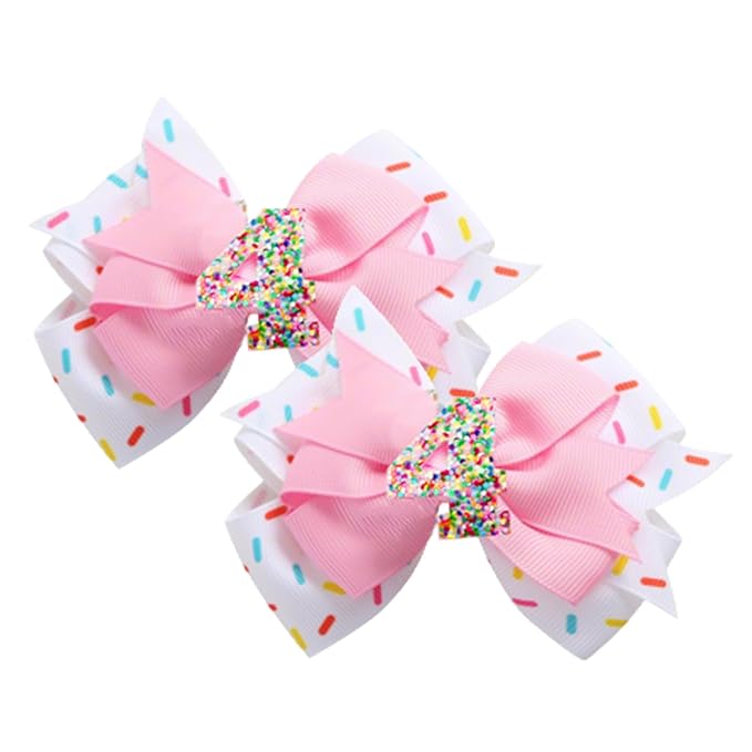 2 Pack 4th Birthday Hair Bow for Girls, Pink Hair Clips Hair Accessories for Girls 1 2 3 4 5 6 Years Birthday Confetti Ice Cream Party Supplies Decorations