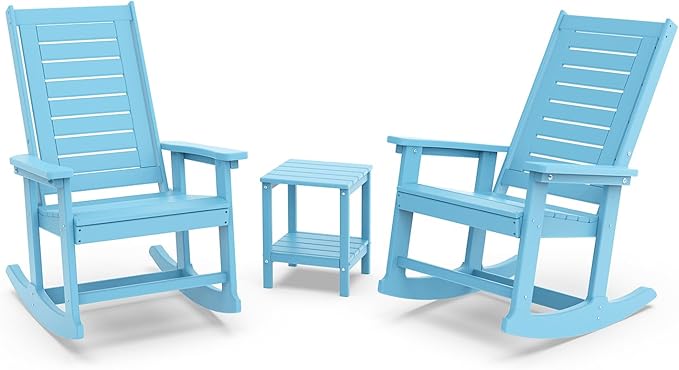 GREENVINES Outdoor Rocking Chair Set | 3-Piece | 2 Rocking Chairs with 1 Side Table | Porch Rocker | HDPE Plastic | Arctic | Patio Furniture Sets | High Back | Big & Tall | Ladder Back