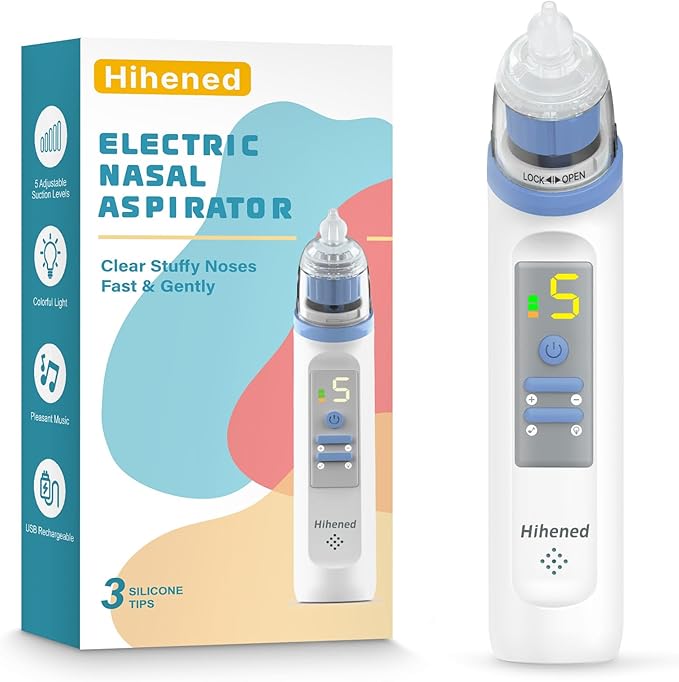 Electric Nasal Aspirator for Baby, Nose Aspirator for Toddlers, Rechargeable Baby Nose Sucker, Nose Cleaner with 3 Silicone Tips, 5 Suction Levels, Music and Light Soothing Function，Blue