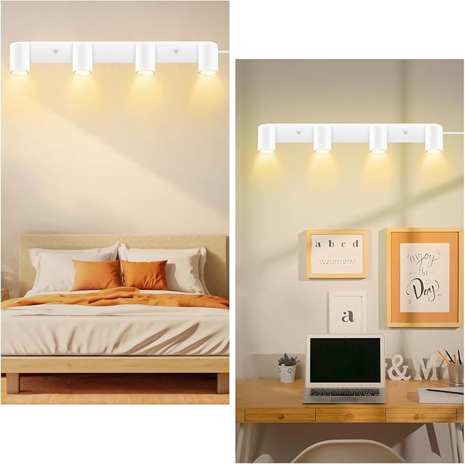 AUQUEE 4 Light Track Lighting Kit,White 4 Way Modern Plug in Ceiling Spotlight,Industrial LED Wall Light for Kitchen Cabinet Gallery Bar Hallway Living Room,Rocker Switch,15 Foot Cord(No Bulb)