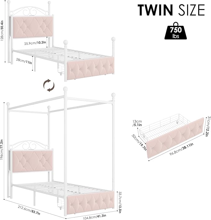 Twin Upholstered Canopy Bed Frame with Drawer & Crystal Tufted Storage Headboard Two-Purpose Metal Platform Bed with 4 Removable Posts & Charging Station Pink Princess Bed, Curtain Not Included