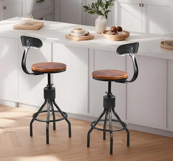 Set of 2 Vintage Bar Stool- Industrial Swivel Kitchen Dining Chair-Counter Height 23-33"-with Backrest