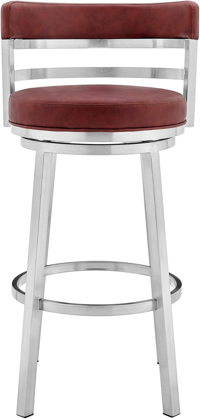 Armen Living Madrid 26" Seat Height Swivel Modern Red Faux Leather and Brushed Stainless Steel Bar Stool for Kitchen Island Counter