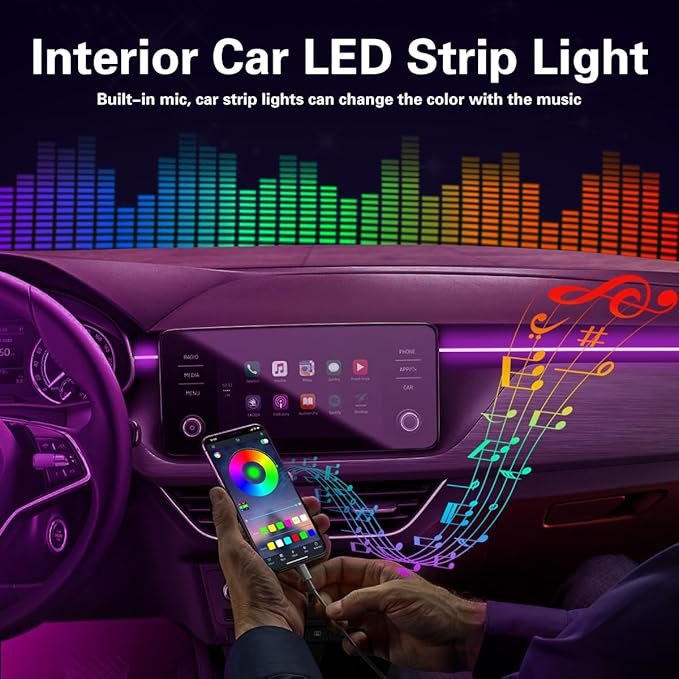 Interior Car Lights with Wireless APP & Remote Control, 9 in 1 RGB Car Ambient Lighting Kit with 4 Under Dash Lights & 5 Fiber Optic LED Strips, Sync to Music Inside Car Accessories
