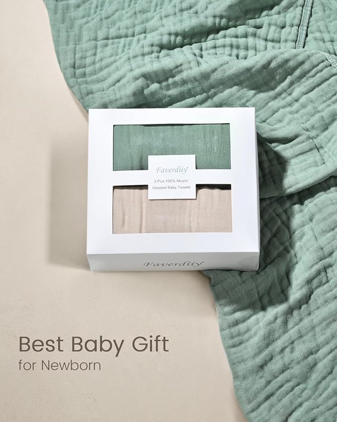 Hooded Baby Towels for Newborn, 35x35 Inch 2 Pack 100% Muslin Cotton Baby Bath Towel, Soft Baby Beach Towels with Hood for Infants, Toddlers and Kids, (Roman Green + White)