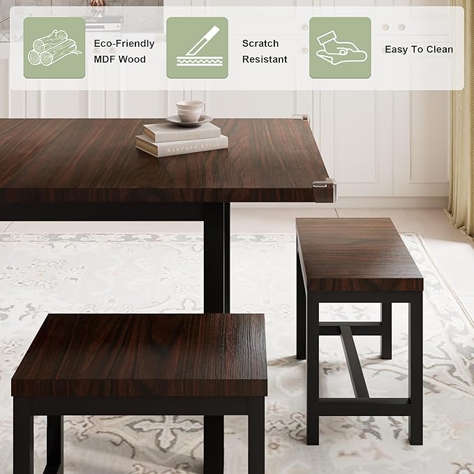 Feonase 7-Piece Dining Table Set with 6 Stools, 63 Inch Extendable Kitchen Table for 4-8, Kitchen Room Set with MDF Board & Metal Frame, Farmhouse Table, Space-Saving, Espresso
