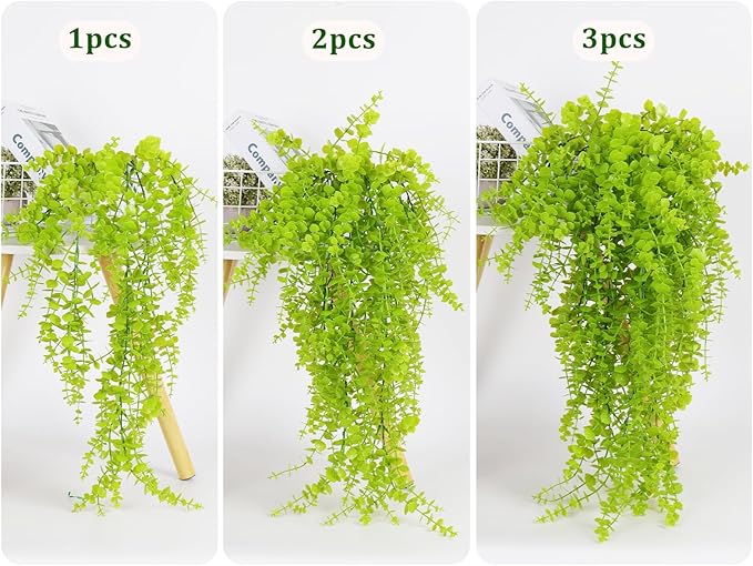 Fake Hanging Plants Faux Vine Leaves Artificial Green Eucalyptus Plants Fake Hanging Eucalyptus Leaf Plant Decorate Indoors Outdoors Decor of Living Room Kitchen Yard Garden Bedroom Wall(Light Green)