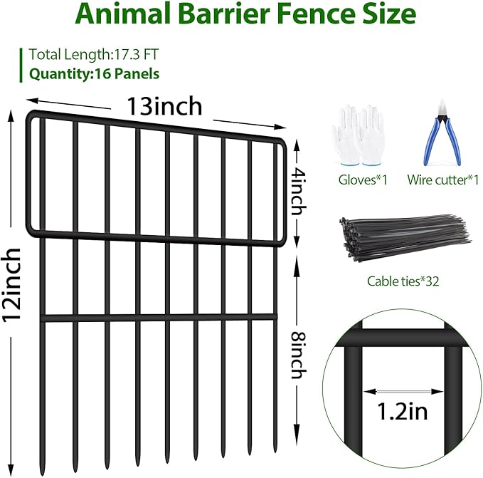 Animal Barrier Fence, 16 Panels No Dig Fence 17.3ft(L) x12in(H), Garden Fences for Rabbits and Dog Ground Defense, Rustproof Metal Fences Border, Fencing Bottom Blocker for Outdoor Yard Patio