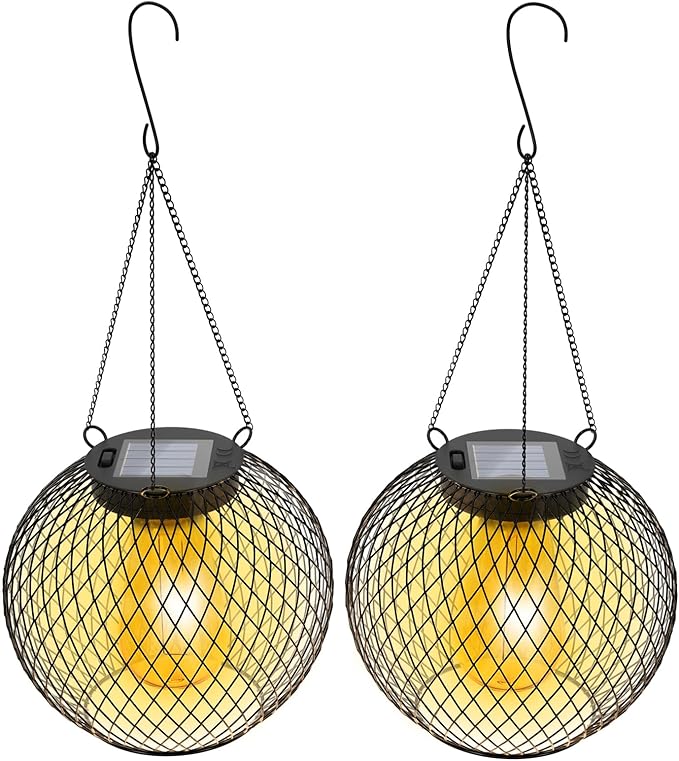HOTEAGLE Solar Hanging Lights, Waterproof Outdoor Decorative Globe Lanterns with Vintage Edison Bulb, Retro Metal Mesh Pendant Light for Garden, Patio, Yard, Tree Decor (Black-2-Pack)