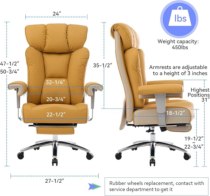 Efomao Big and Tall Green Office Chair 450LBS – Ergonomic High-Back Executive Chair with Footrest, Adjustable Padded Armrests, PU Leather Computer Chair with Lumbar Support for Home or Office, Yellow