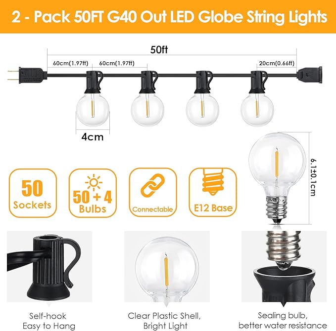 Mlambert 100Ft(2x50Ft) Outdoor String Lights, G40 Globe Patio Lights with 50+4 Waterproof Hanging LED Bulbs for Balcony Gazebo Deck Tents-Black Wire
